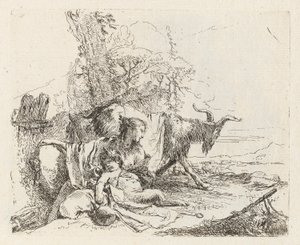 Een nimf met een kleine sater en twee geiten, uit Vari capricci door Giovanni Battista Tiepolo
