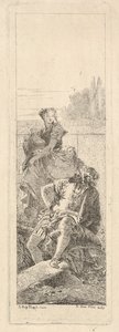 Een bebaarde, zittende man kijkt over zijn rechterschouder naar een kind en vrouw die dragen..., ca. 1750-55