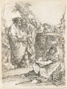 Tovenaar en andere figuren voor een brandend altaar met schedel en botten door Giovanni Battista Tiepolo