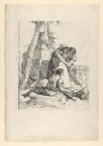 Tovenaar wijst op een brandend hoofd aan twee jongeren, uit de Scherzi, ca. 1743-50