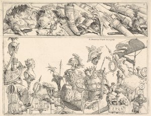 Romeinse Wapens, Standaarden en Trofeeën, een compositie verdeeld in twee horizontale banden door Giovanni Battista Tiepolo