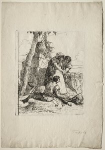 Scherzi di Fantasia: Tovenaar wijst op een brandend hoofd aan twee jongeren door Giovanni Battista Tiepolo