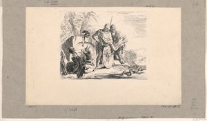 Zittende vrouw, jonge soldaat en magiër, uit de Vari Capricci door Giovanni Battista Tiepolo