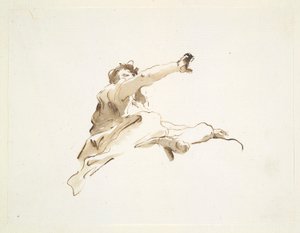 Zittende figuur met het hoofd naar links gedraaid en de rechterarm omhoog, van onderaf gezien door Giovanni Battista Tiepolo