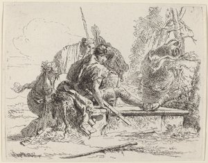 Soldaat zittend op een graf met omringende figuren door Giovanni Battista Tiepolo