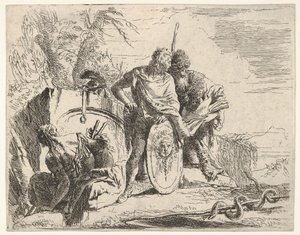 Drie figuren en een slang om een staf gewikkeld, omgeven door een landschap, de ce..., 18e eeuw door Giovanni Battista Tiepolo