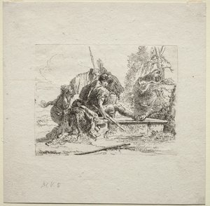 Verschillende Caprices: De twee soldaten en de twee vrouwen door Giovanni Battista Tiepolo