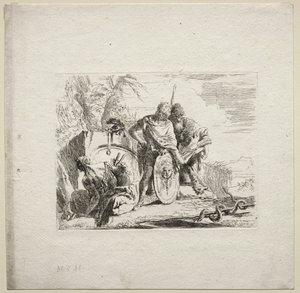 Verschillende caprices: De jonge soldaat en de astroloog, 1785 door Giovanni Battista Tiepolo