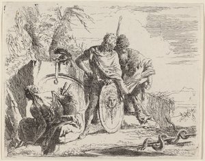 Jonge soldaat met filosoof en zittende vrouw door Giovanni Battista Tiepolo
