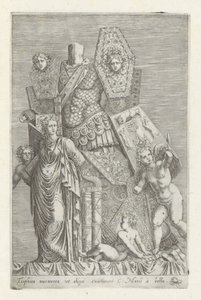 Trofee van wapens, een vrouwenfiguur en engelen door Giovanni Battista de