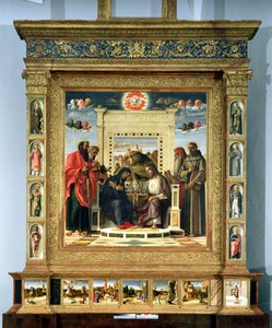 Kroning van de Maagd met SS. Paulus, Petrus, Hiëronymus en Franciscus van Assisi met scènes uit het leven van de heiligen in het predellapaneel, bekend als het Pala di Pesaro altaarstuk, c.1474 door Giovanni Bellini