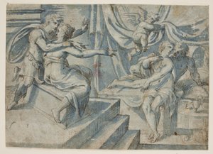 Een verliefd paar op een bed wordt onthuld door een putto voor een Romeinse soldaat en zijn vrouw door Giovanni Bellini