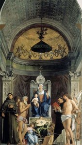 Madonna en Kind, muzikale engelen en de Heiligen Franciscus, Johannes de Doper, Job, Dominicus...