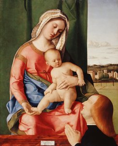 De Madonna en Kind met een Mannelijke Donor, een Landschap op de Achtergrond