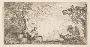Een sater liggend aan de voet van een standbeeld van Priapus, geiten aan de rechterkant, ca. 1645-48 door Giovanni Benedetto Castiglione