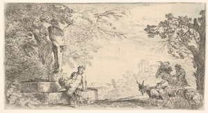 Een sater liggend aan de voet van een standbeeld van Priapus, geiten rechts