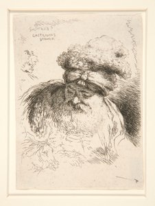 Een oude man met een grote baard, gezien van voren, zijn hoofd en ogen neergeslagen, uit de serie Les petites tetes d door Giovanni Benedetto Castiglione