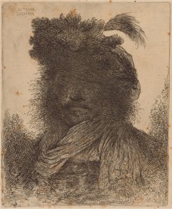 Bebaarde man met schaduwgezicht, met een sjaal en een gevederde hoed door Giovanni Benedetto Castiglione