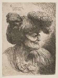 Buste van een oude man zonder baard in profiel naar rechts, uit de serie Kleine Hoofden door Giovanni Benedetto Castiglione