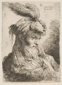 Hoofd van een bebaarde man met een tulband naar rechts gericht, uit de serie Kleine Hoofden..., ca. 1645-1650 door Giovanni Benedetto Castiglione