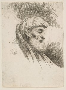 Hoofd van een oude bebaarde man naar rechts, uit de serie Kleine Hoofden in Oriënt..., ca. 1645-1650 door Giovanni Benedetto Castiglione