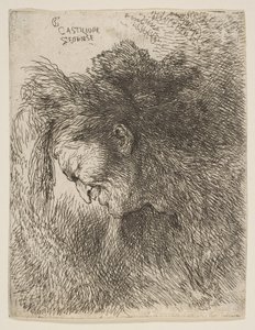 Hoofd van een oude man die naar beneden kijkt, naar links, uit de serie Kleine Hoofden, ca. 1645-1650