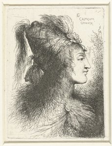 Hoofd van jongeman met hoge muts Hoofd van een jonge vrouw Kleine studie van hoofden met oosterse hoofddeksels (serie titel) door Giovanni Benedetto Castiglione