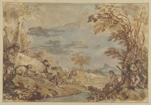 Landschap met voorttrekkende kudden door Giovanni Benedetto Castiglione