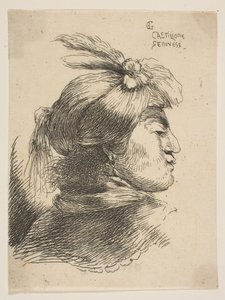 Man met een kleine tulband versierd met pluimen en lint, naar rechts kijkend, uit..., ca. 1645-1650