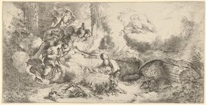 Geboorte met God de Vader en engelen door Giovanni Benedetto Castiglione