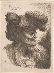 Oude man met een tulband versierd met bont, naar rechts gericht door Giovanni Benedetto Castiglione