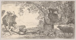 Pan liggend aan de linkerkant met twee staande saters, een grote vaas op een voetstuk aan de rechterkant, ca. 1645