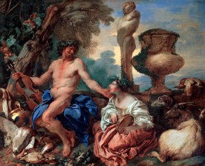 Pastorale scène. Faun en herderin