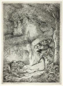 De lichamen van de heiligen Petrus en Paulus verborgen in de catacomben door Giovanni Benedetto Castiglione
