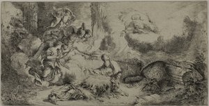 De geboorte van Christus met God de Vader en engelen door Giovanni Benedetto Castiglione