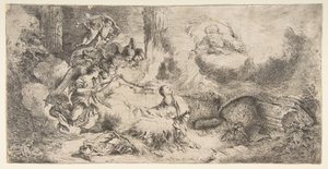 De Maagd en het Kind, God de Vader rechtsboven, engelen links door Giovanni Benedetto Castiglione