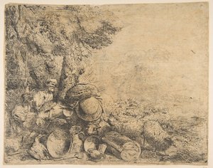 Twee herders, een ezel en andere dieren in een landschap, ca. 1638-1640