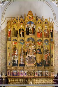 Polyptiek met tronende Madonna met Kind tussen Sint Eustatius, Sint Pieter, Sint Jacobus de Meerdere, Sint Venantius, Beato Guardato, Sint Nicolaas van Bari, kruisiging van Christus, Sint Sebastiaan en Sint Eleutherius, Verhalen uit het leven van Sint Eu