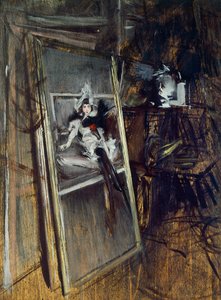 Binnen in het atelier van de schilder met schilderij Jong Meisje, Errazuriz, door Giovanni Boldini door Giovanni Boldini