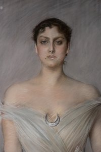 Portret van een Dame in het Wit met Handschoenen en Waaier (detail) door Giovanni Boldini