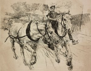 Versterkingskoets paarden, gravure naar originele tekening van Giovanni Boldini, uit zijn schilderij, uit L