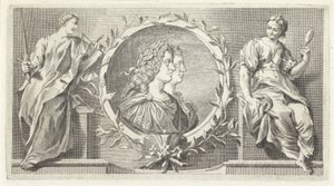 Cartouche met gelauwerde man en vrouw