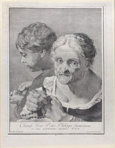 Oude vrouw met een rozenkrans en een jongen die munten telt, 1743 door Giovanni Cattini