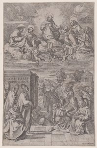 Geestelijken in een landschap schrijven, anderen in het hemelse rijk boven, ca. 1650 door Giovanni Cesare Testa