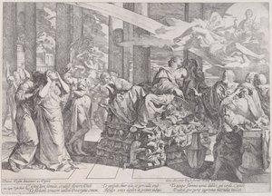 De Zelfmoord van Dido die op een brandstapel ligt in het midden, omringd door vele figuren, 1650-55 door Giovanni Cesare Testa