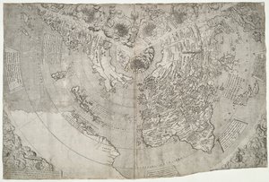 Wereldkaart, Mundu [sic] spericum...cognosces diligentia joani mathei Contareni.., door Contarini, Giovanni en Francesco Rosselli door Giovanni Contarini