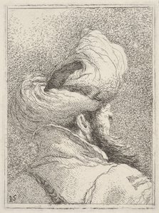 Bebaarde man met tulband, als borststuk van achteren in driekwartaanzicht afgebeeld, uit "Verzameling van hoofden" (Raccolta di teste) door Giovanni Domenico Tiepolo