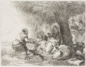 Jozef aanbidt het kind terwijl twee engelen zingen, plaat negentien uit De vlucht naar Egypte door Giovanni Domenico Tiepolo