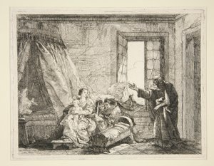 Joseph kondigt Maria het bevel aan om te vertrekken, uit de serie Idee pittoresche sopra la fuga in Egitto (Vlucht naar Egypte) door Giovanni Domenico Tiepolo