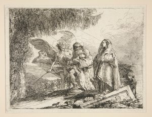 Jozef Draagt Jezus in zijn Armen, uit de serie Idee pittoresche sopra la fuga in Egitto (Vlucht naar Egypte) door Giovanni Domenico Tiepolo
